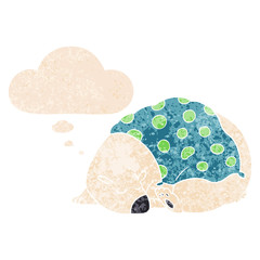 cartoon polar bear sleeping and thought bubble in retro textured style