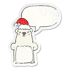 cartoon bear wearing christmas hat and speech bubble distressed sticker