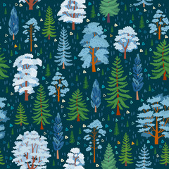 Winter forest tree pattern. Woodland cartoon seamless landscape.