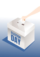 Hand puts voting ballot in ballot box. Presidential Voting and election concept. Make a choice image. Vote illustration.