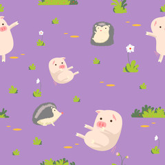 Cute porcupine and pig  cartoon pattern
