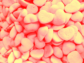 Gummy Pink Sugar Candies In Heart Shape. Background Or Texture Top View Jelly Red Sweets.