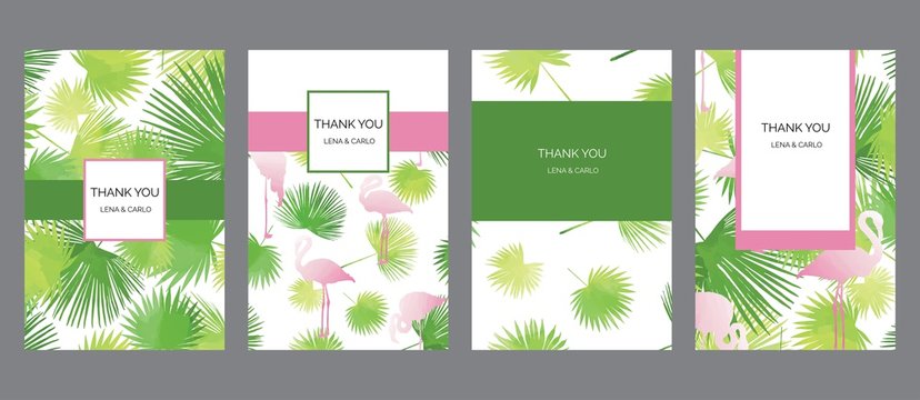 Flamingo and palm thank you cards kit, drawn templates set, green grass exotic textures - Powered by Adobe