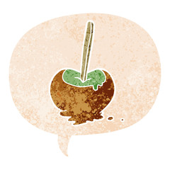 cartoon toffee apple and speech bubble in retro textured style