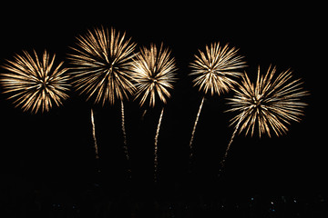 Real Fireworks footage 4k video on Deep Black Background Sky on Futuristic Fireworks festival show...