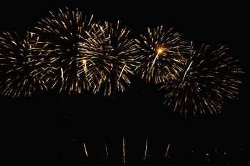 Real Fireworks footage 4k video on Deep Black Background Sky on Futuristic Fireworks festival show before independence day on 4 of July