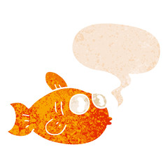 cartoon fish and speech bubble in retro textured style