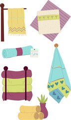 A set of towels in the bathroom, kitchen or spa in nice fashion colors. Elements for business cards, advertising, brochures, icons.