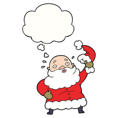 cartoon santa claus waving hat and thought bubble