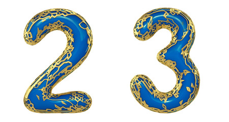 Obraz premium Number set 2, 3 made of realistic 3d render golden shining metallic. Collection of gold shining metallic with blue color plastic symbol