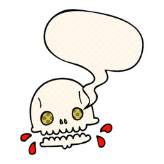 cartoon spooky skull and speech bubble in comic book style