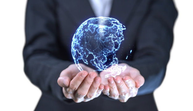 Businesswoman holding virtual world network hologram. Concept of communication, technology and connection data.