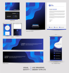 Modern stationery mock up set and visual brand identity with abstract colorful dynamic background shape. Vector illustration mock up for branding, cover, card, product, event, banner, website.
