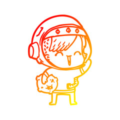 warm gradient line drawing cartoon happy spacegirl holding moon rock