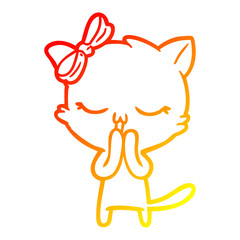 warm gradient line drawing cartoon cat with bow on head