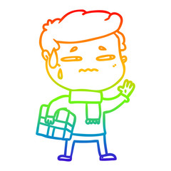 rainbow gradient line drawing cartoon anxious man with christmas gift