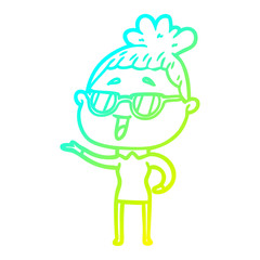 cold gradient line drawing cartoon happy woman wearing spectacles