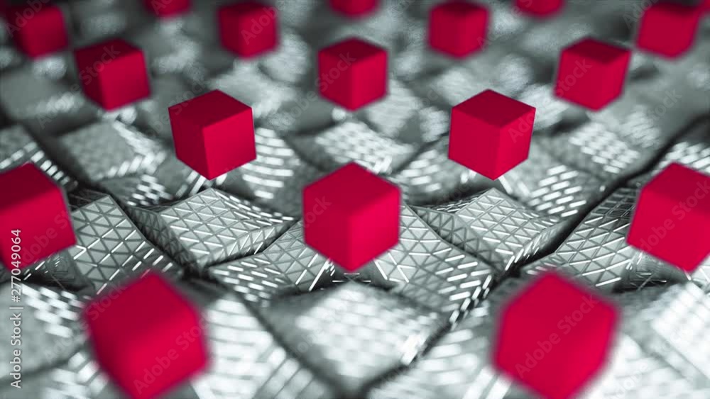 Poster many rising and turning cubes with shadows, computer generated modern abstract background, 3d render