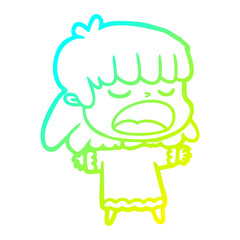 cold gradient line drawing cartoon woman talking loudly