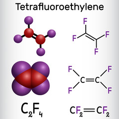 Tetrafluoroethylene or TFE molecule , is a monomer of Polytetrafluoroethylene or PTFE. It belongs to the family of fluorocarbons. Structural chemical formula and molecule model