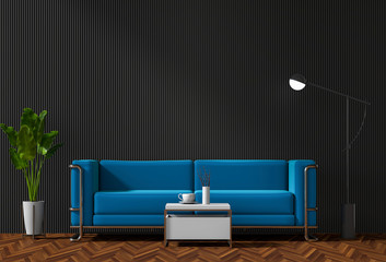 interior black living room with blue sofa,  plant, lamp, 3D render