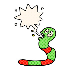 cartoon frightened worm and speech bubble in comic book style