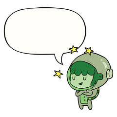 cartoon female future astronaut in space suit and speech bubble