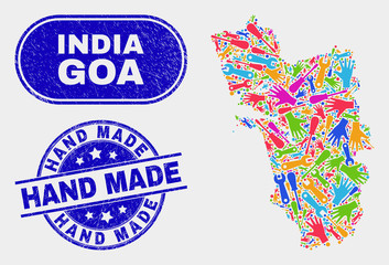 Engineering Goa State map and blue Hand Made textured seal. Colorful vector Goa State map mosaic of engineering components. Blue rounded Hand Made seal.