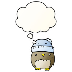 cute cartoon owl in hat and thought bubble in smooth gradient style