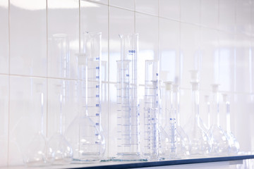 Different laboratory glassware. Test tubes and flasks