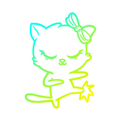 cold gradient line drawing cute cartoon cat with bow