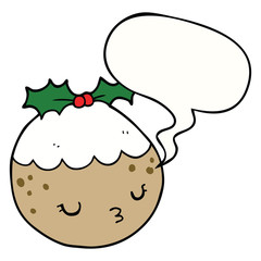 cute cartoon christmas pudding and speech bubble