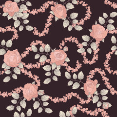 seamless ornament, flower pattern of coral roses, buds, leaves, branches, berries gundures, rowan, currants on the brown backdrop, for print in textile, wallpaper, scrapbook, craft, greeting cards etc