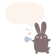 cute cartoon rabbit and coffee cup and speech bubble in retro style