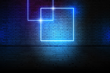 Futuristic Sci Fi Elegant Modern Neon Glowing Rectangle Frame Shaped Lines Tubes Purple Pink Blue Colored Lights In Dark Empty Grunge Concrete Brick Room