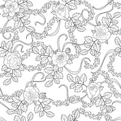 black outline seamless ornament, floral pattern with roses, buds, leaves, branches, iridescent blades of grass and berries gyrandas, mountain ash, currants, for print in textile, wallpaper, scrapbook