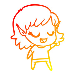 warm gradient line drawing happy cartoon elf girl