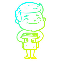 cold gradient line drawing happy cartoon man holding book