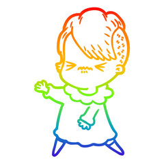rainbow gradient line drawing cartoon annoyed hipster girl