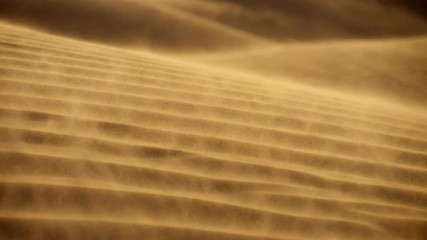 Abstract dunes desert background. Yellow golden sand waving in the wind in whirlwind shapes. Slow motion shot