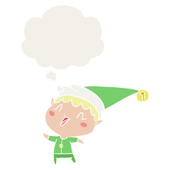 cartoon happy christmas elf and thought bubble in retro style
