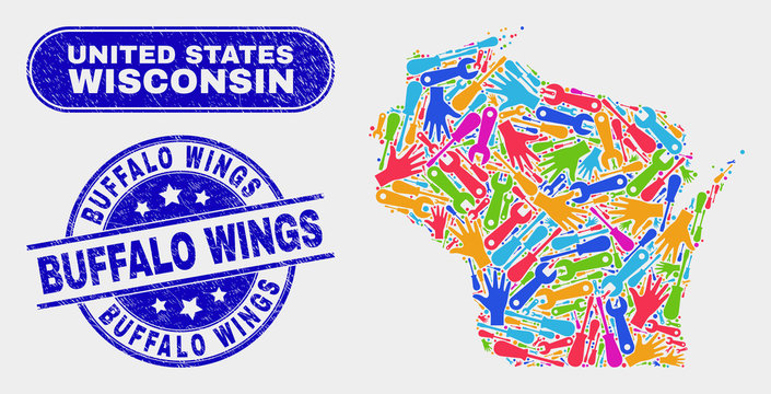 Assembly Wisconsin State Map And Blue Buffalo Wings Distress Seal Stamp. Colored Vector Wisconsin State Map Mosaic Of Industrial Components. Blue Round Buffalo Wings Seal.