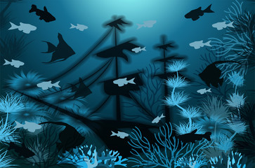 Fototapeta na wymiar Underwater tropical background, vector illustration