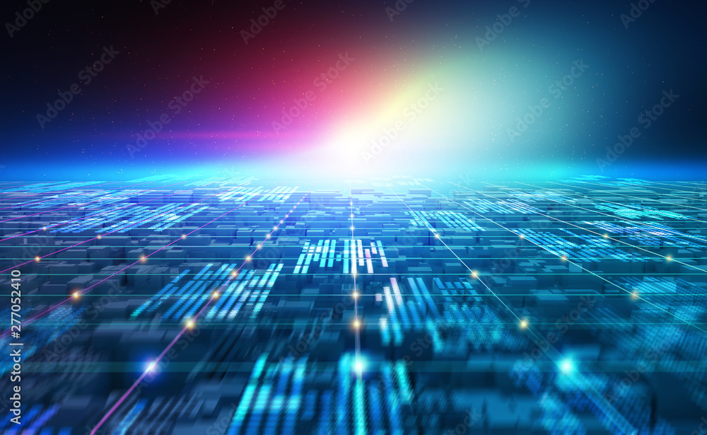 Poster Futuristic world. Digital technology in global cyberspace. Blockchain network and artificial intelligence. 3D illustration of urban space in a new smart reality
