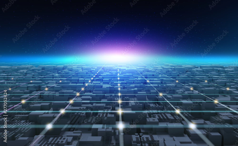 Poster Futuristic world. Digital technology in global cyberspace. Blockchain network and artificial intelligence. 3D illustration of urban space in a new smart reality