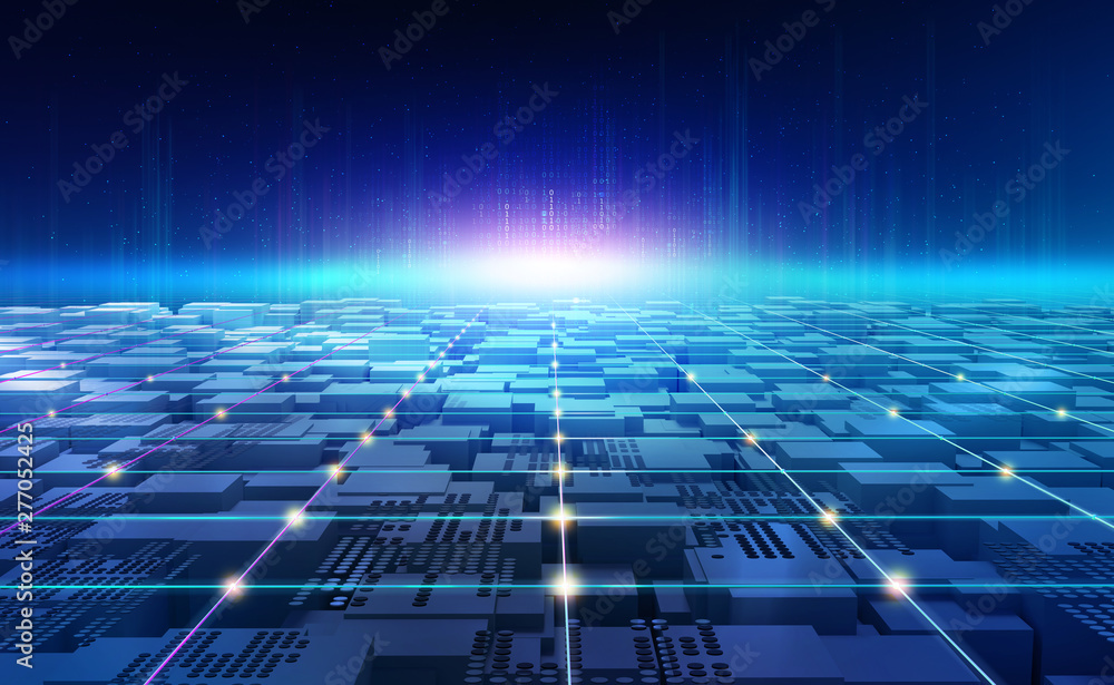 Aufkleber Futuristic world. Digital technology in global cyberspace. Blockchain network and artificial intelligence. 3D illustration of urban space in a new smart reality