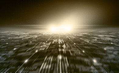 Futuristic world. Digital technology in global cyberspace. Blockchain network and artificial intelligence. 3D illustration of urban space in a new smart reality