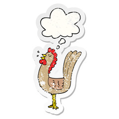 cartoon rooster and thought bubble as a distressed worn sticker