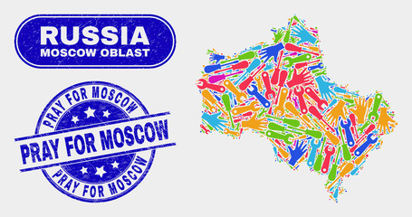 Engineering Moscow Region map and blue Pray for Moscow textured seal stamp. Colorful vector Moscow Region map mosaic of engineering components. Blue rounded Pray for Moscow badge.