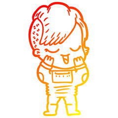 warm gradient line drawing happy cartoon girl in space suit